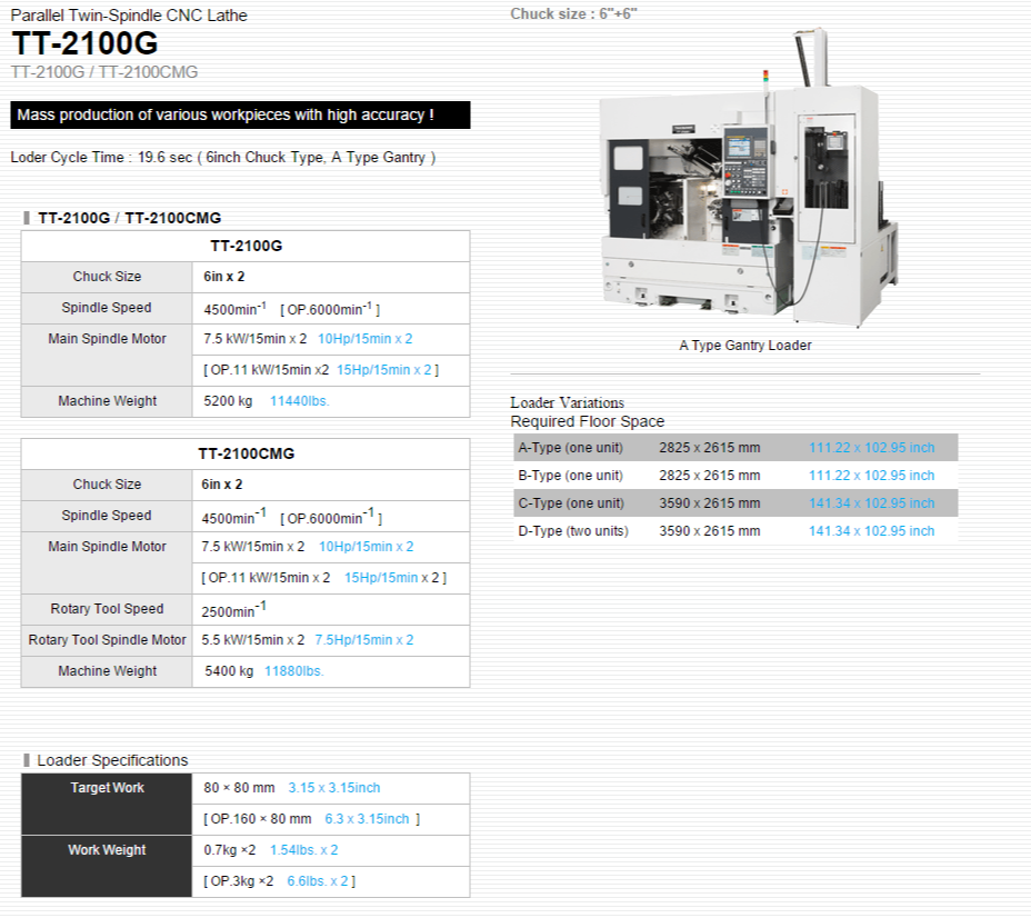 TAKISAWA MACHINE TOOL CO.,LTD.   Products   Parallel Twin-Spindle CNC Lathe   TT-2100G 6in