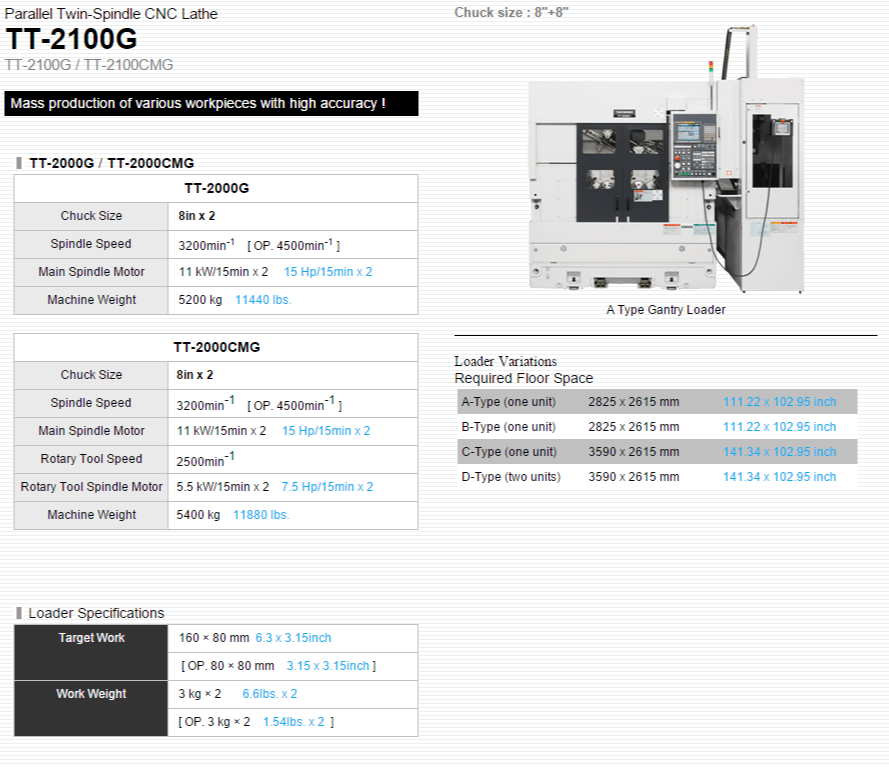 TAKISAWA MACHINE TOOL CO.,LTD.   Products   Parallel Twin-Spindle CNC Lathe   TT-2100G 8in